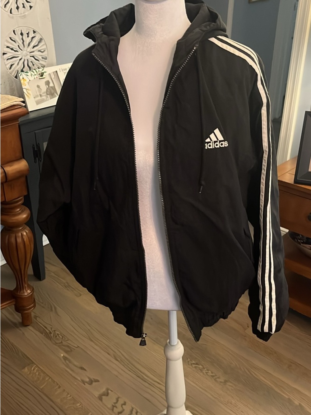 adidas Black Hooded Windbreaker with White Stripe Detailing